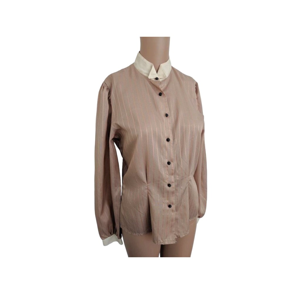 70s Vintage Blouse Pinstripe Long Sleeve Button Wing Tip Collar Retro S